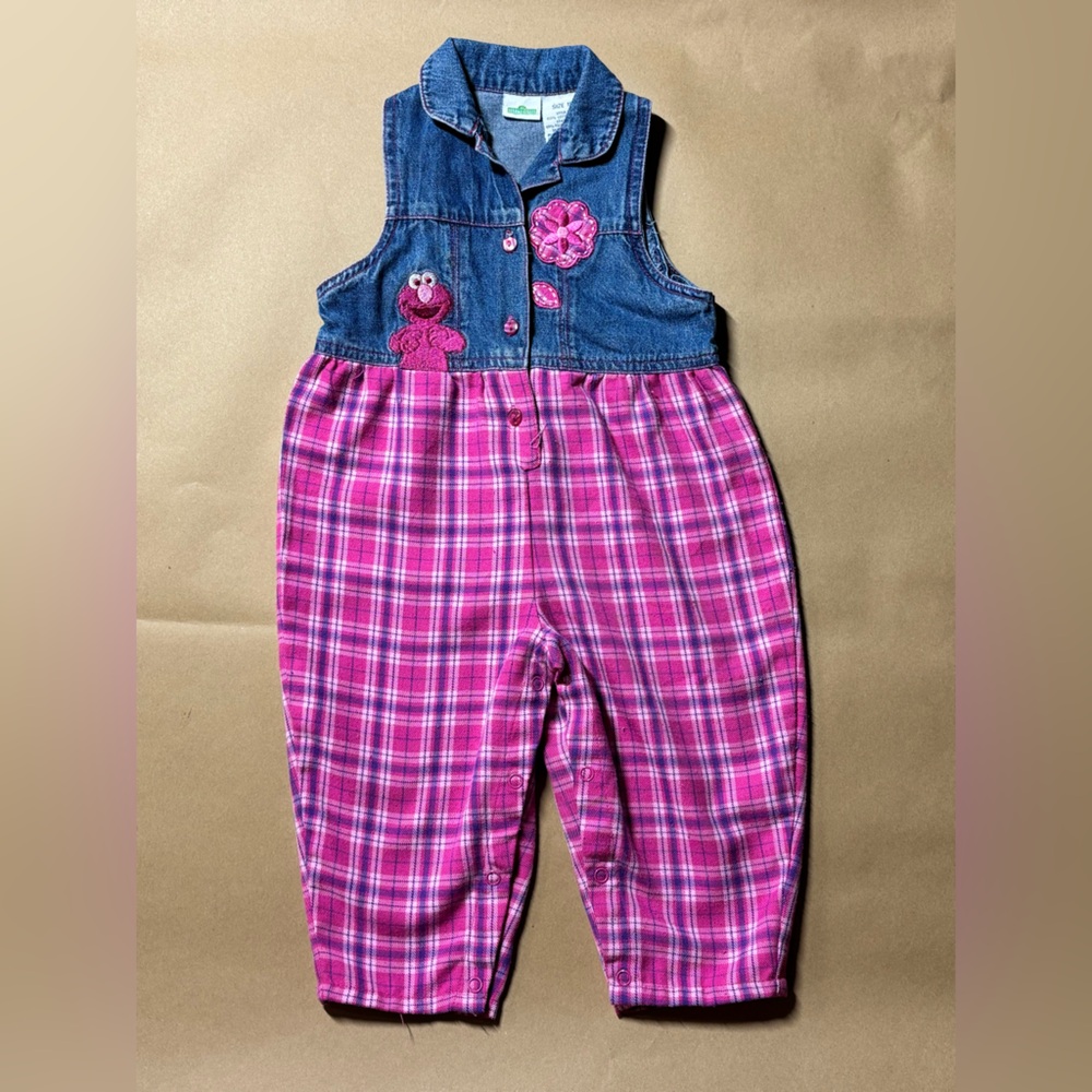 Vintage Sesame Street  Elmo 90s Y2K Denim Pink Purple Plaid Romper Infant Sz 18M
